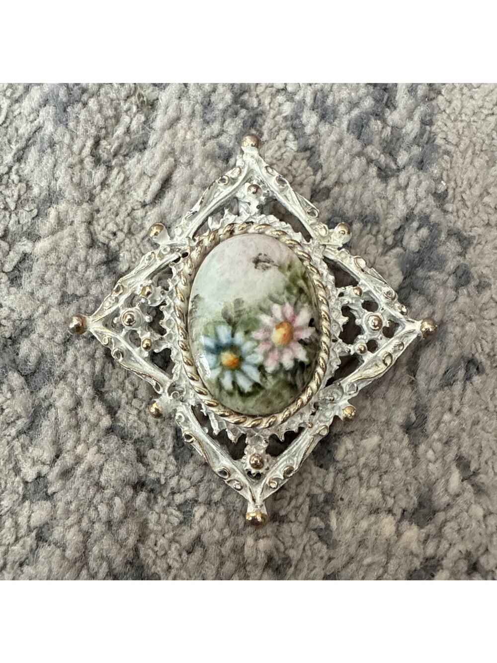 Vintage Painted Flower Brooch W/ Gold Tone Filigree Nice!